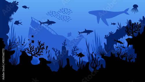 Shipwreck undersea landscape illustration with coral reef and fishes