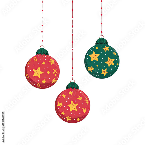 Colorful Christmas Ornaments Hanging, png, isolated on transparent background, Featuring Bright Red, Green, and Yellow Star Patterns for Festive Holiday Decor