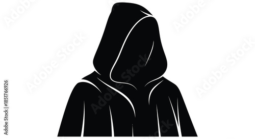 A dark hooded figure against a white background a stark and mysterious silhouette