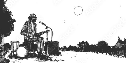 Musician performing guitar in silhouette style. Outdoor concert vector illustration in black and white art setup with a simple artistic design.