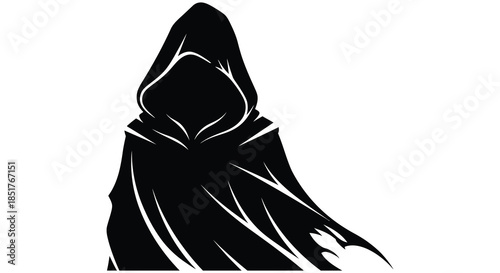 A dramatic depiction of a hooded figure against a white background a striking silhouette