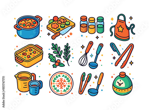 Festive Cooking Icons. Festive Cooking. Colorful isometric vecto