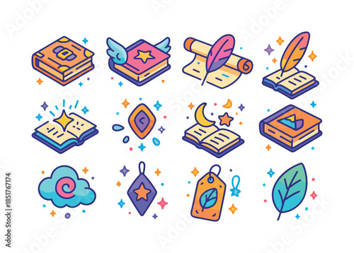 Fantasy Reading Icons. Fantasy reading. Colorful isometric vecto