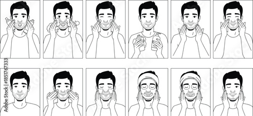 Male Skincare Routine Step by Step Face Care Black Outline Vector Set