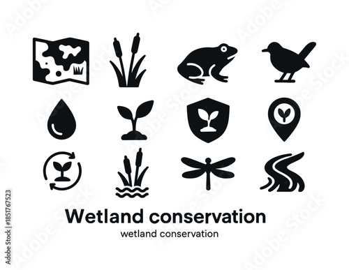 Wetland Conservation Icons. Wetland conservation. Solid icon set