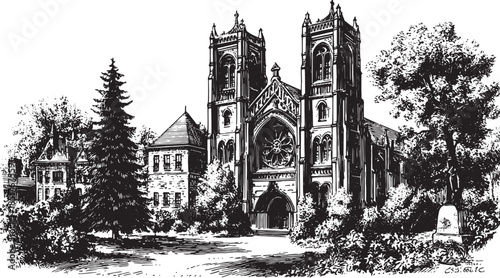 Ancient cathedral architecture in black and white. Detailed building illustration with trees and landscape. Vector artwork set.