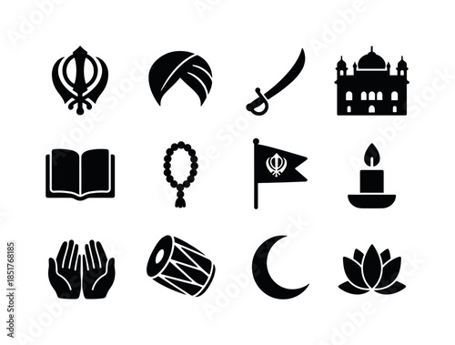 Sikh Icons Grid. Sikhism. Solid icon set of Sikhism: khanda symb