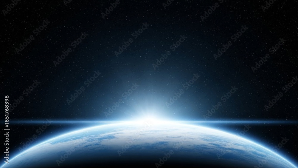 Fototapeta premium Celestial dawn light over planet surface with stars cosmic vision and horizon