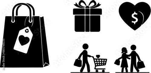 Ultimate Shopping Icon Set Featuring Gift Boxes, Shopping Bags, Hearts, and Couples with Exclusive Offers