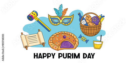 Purim Celebration Icon Set with Hamantaschen Mask Scroll and Gift Basket