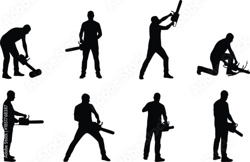 Collection of chainsaw worker silhouettes isolated on white background, lumberjack forestry cutting wood illustration for industry, safety, labor concepts, design
