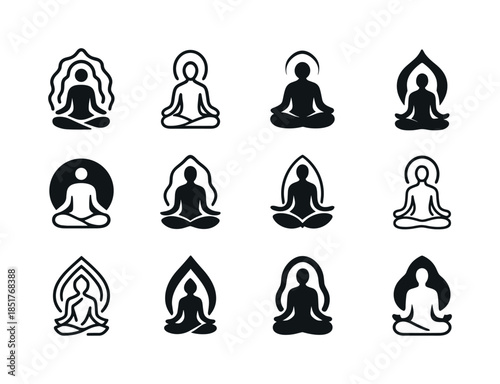 Meditation Icon Set. People meditating or practicing yoga. Icon