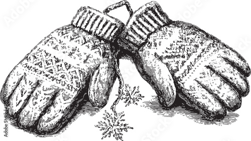 Cozy winter mittens in black and white engraving style. Detailed vector illustration featuring a textured, knitted pattern set against a clear background.