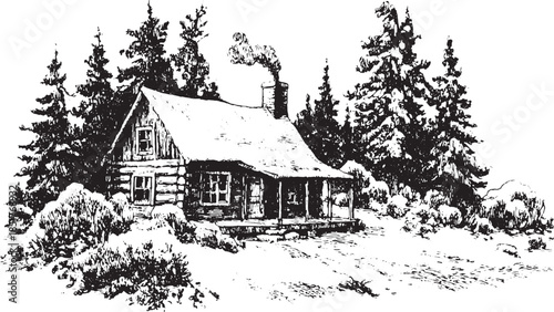Black and white engraving of a snow-covered cabin in a winter landscape. Vector illustration featuring trees and a chimney in a rustic outdoor scene.