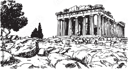 Ancient temple illustration in black and white with detailed lines. Features a classic structure in a scenic landscape. Vector artwork for visual representation.