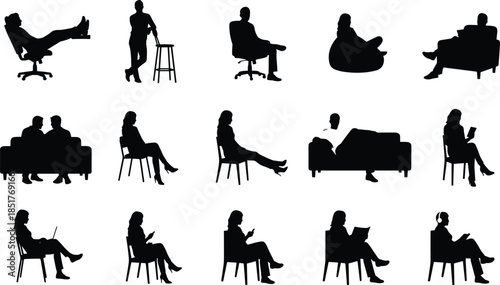 Collection of seated people silhouettes isolated on white background, relaxing, working, reading, waiting poses illustration for lifestyle, interior, social concepts