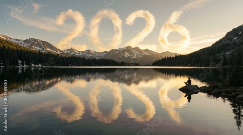 New Year 2026 Concept with Person Meditating by Serene Mountain Lake and Reflecting Cloud Numerals