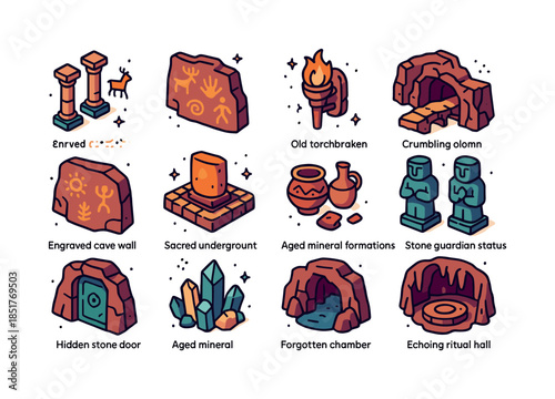 Colorful Ancient Caverns Icons. Ancient caverns. Colorful isomet