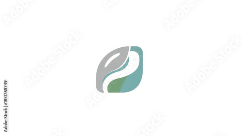 Modern abstract eco-friendly logo featuring a stylized leaf within a soft square shape. Minimalist organic design in gray, teal, and green tones, representing nature.