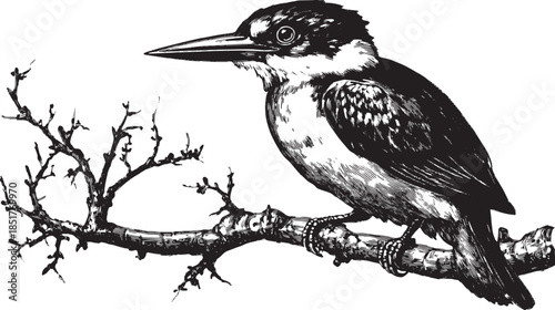 Detailed kingfisher bird illustration on a branch. Black and white vector art portraying an elegant design in a natural setting.