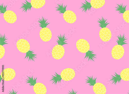 Seamless summer pattern with yellow pineapples and green leaves scattered on bright pink background. Fun flat tropical fruit vector texture perfect for wrapping paper, fabric, beachwear, party decor 