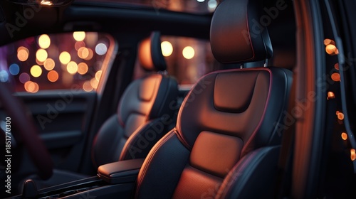 Medium shot highlighting adjustable cushioned seats in sharp focus with blurred ambient lighting creating a cozy atmosphere inside the vehicle.