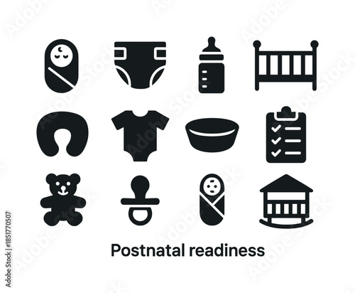 Postnatal Essentials Icons. Postnatal readiness. Solid icon set