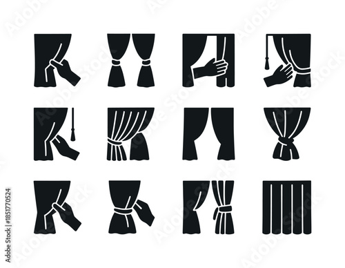 Curtain Icons Grid. Curtain adjustments. Solid icon set of curta