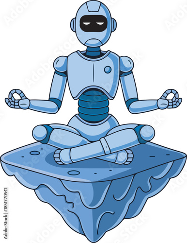 Futuristic blue robot meditating in lotus position on floating rock.