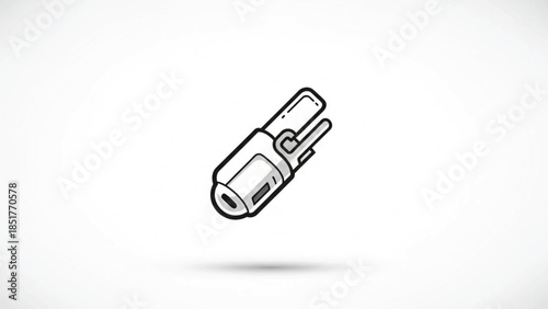 Minimalist black and white line art icon representing a technical component, electronic device, or specialized tool. This clean vector illustration features a sleek and industrial design.