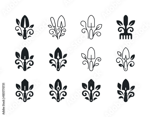 Decorative Gardening Tools Icons. Using decorative gardening too