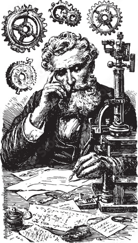 A vintage scientist with a microscope, surrounded by gears and papers. Detailed black and white vector illustration showcasing equipment and research.