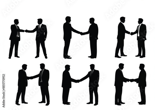 Diverse Set of Six Black Silhouettes Featuring Businessmen Shaking Hands in Suits for Professional Partnerships, Corporate Agreements, and Successful Business Deals.