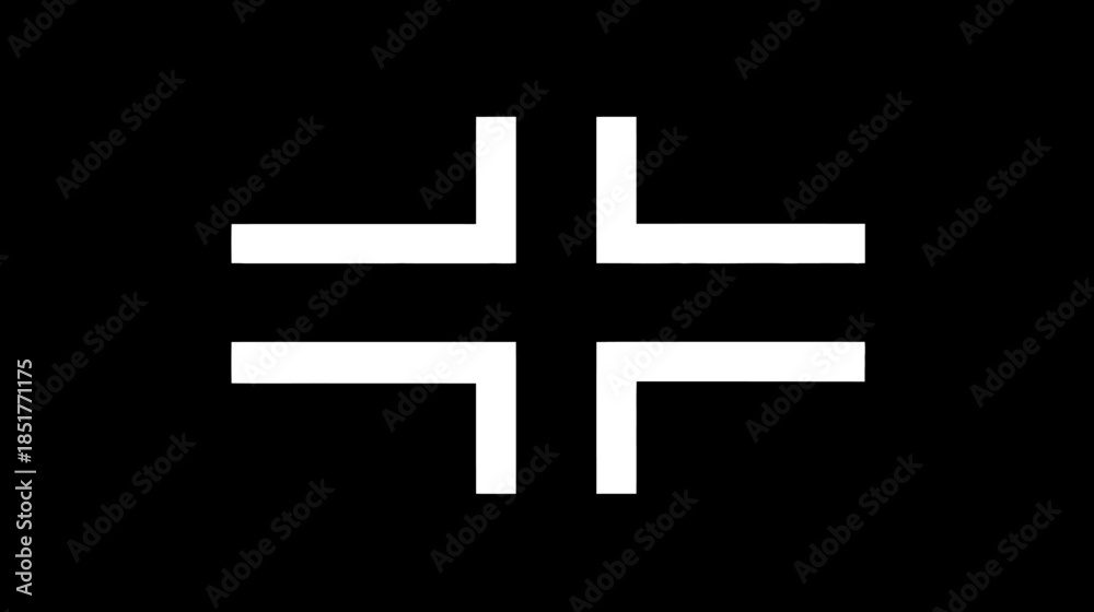 Fototapeta premium Abstract white cross symbol formed by four L-shapes on a black background, minimalist graphic design element.