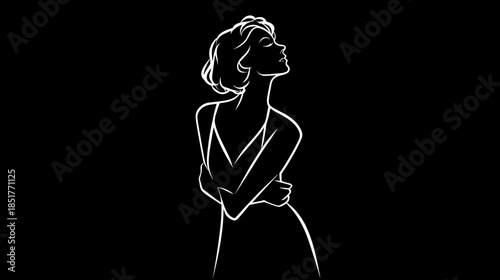 Elegant white outline silhouette of a sensual woman with short hair on a black background, serene line art illustration