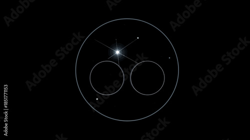 Abstract Universe Concept: Glowing Star with Geometric Rings and Circles on a Dark, Minimal Black Background