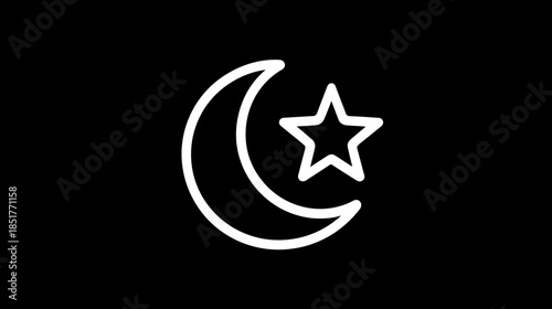 White outline crescent moon and star icon on black background, representing Islamic faith, Ramadan, and spirituality