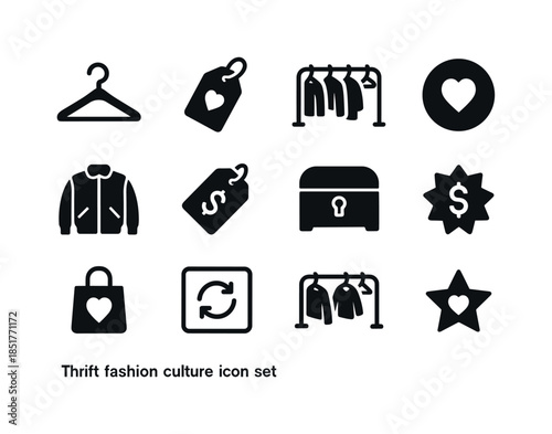 Thrift Fashion Icons. Thrift fashion culture. Solid icon set of