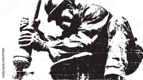 Worker using a drill in a construction setting. Black and white vector illustration depicting industry professionals in action.