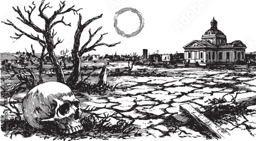 A skull in a barren landscape with dry cracked ground. An abandoned building and a desolate tree create an eerie atmosphere in this vector illustration.