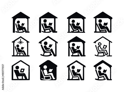 Porch Relaxation Icons. Relaxing on porch. Icon set. Set Logo of