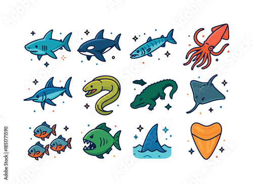 Ocean Predator Icons. Ocean predators. Colorful isometric vector