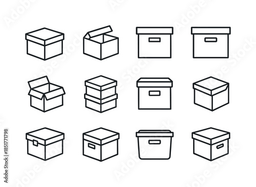 Box Icon Set. Storage boxes. Line icon set of storage boxes: clo