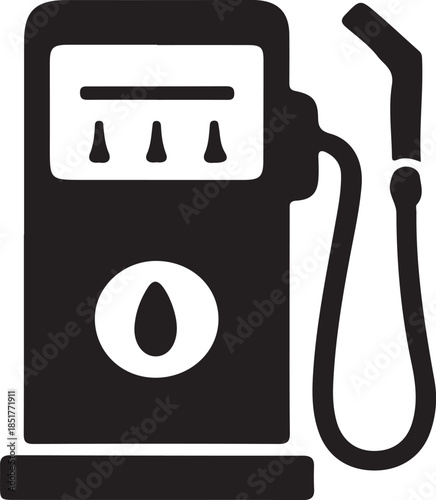 Black and white of a gas pump with a fuel nozzle and three dispensers