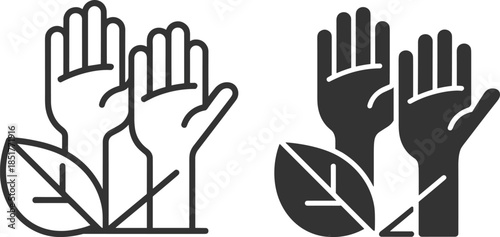 Vector Illustration of Hands with Leaves Icons, Featuring Outline and Black Silhouette Designs for Nature Conservation and Environmental Sustainability Concepts