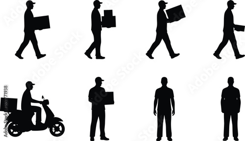 Delivery man silhouettes set, courier carrying boxes, walking and scooter transport, logistics service, shipping concept, vector illustration isolated background