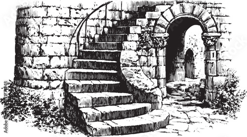 Black and white engraving of a spiral stone staircase. Detailed vintage architecture illustration in a classic set, featuring an arch and textured stone walls.