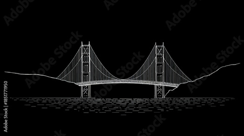 Stylized minimalist line art illustration of a large suspension bridge spanning a body of water with hills on a black background.