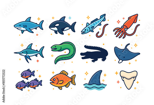 Ocean Predator Icons. Ocean predators. Colorful isometric vector