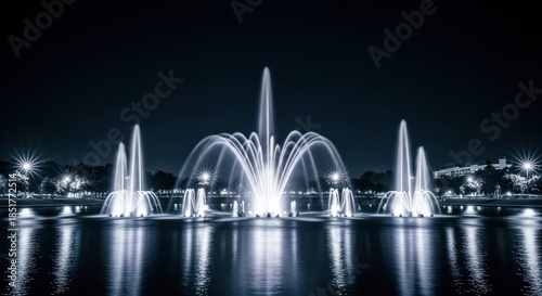 Illuminated water fountains sparkle at night in a cool monochrome